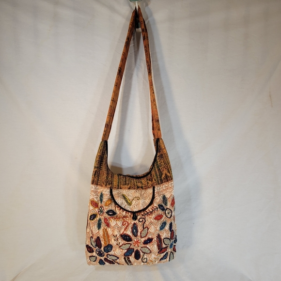 Vintage Boho Patchwork Beaded Slouch Bag Hobo Purse India Batik Pattern 16 x 12 - Picture 8 of 8